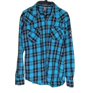 South Pole Mens XXL Blue Black Plaid Shirt Front Snap Long Sleeve Graphic Button